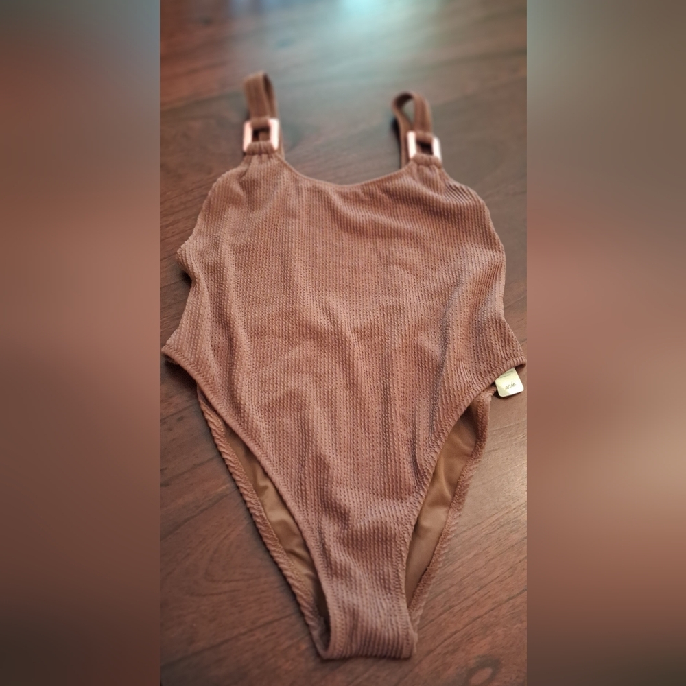 BNWT Aerie Ribbed Chocolate Brown Cheekiest One Piece Swimsuit UPF 50